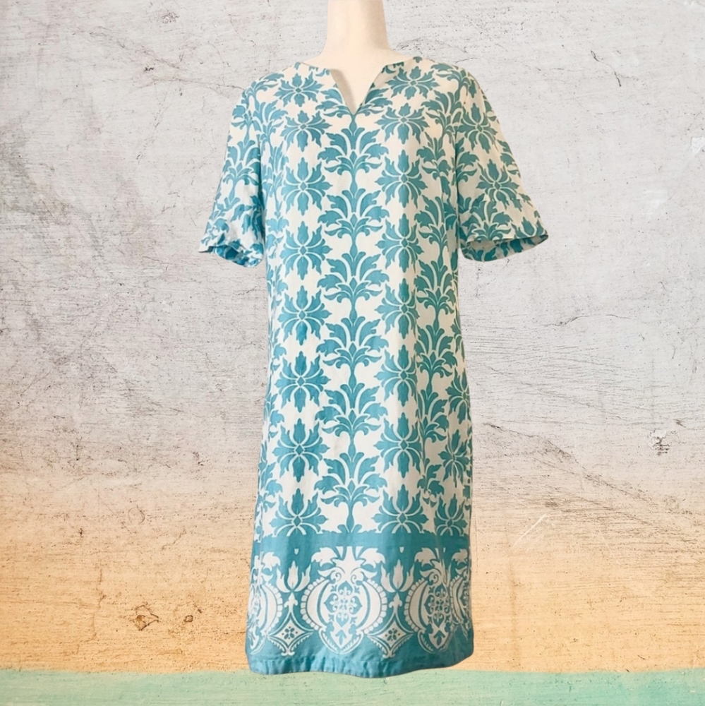 Turquoise Damask Print V-neck Tunic Shift Dress - Ann Taylor Cotton Summer